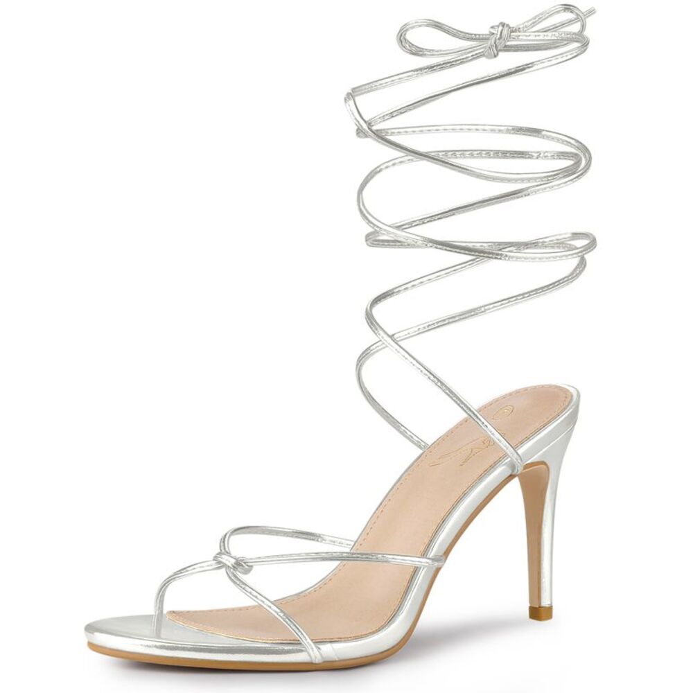 Lace Up Slingback Strappy Stiletto Heels Sandals Silver